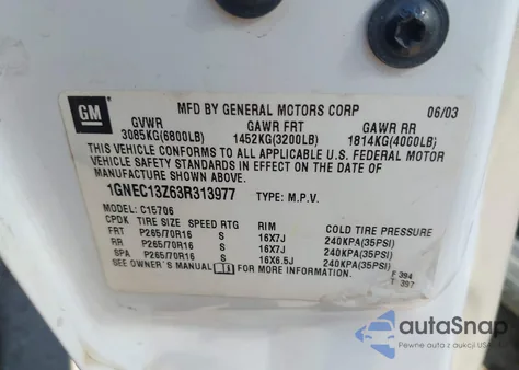 2003 Chevrolet Tahoe Ls из США, поврежденный, VIN 1GNEC13Z63R313977